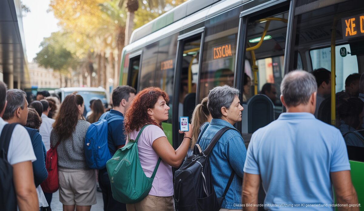 Menschen steigen in einen Stadtbus von Palma ein mit der Tarjeta Única.
