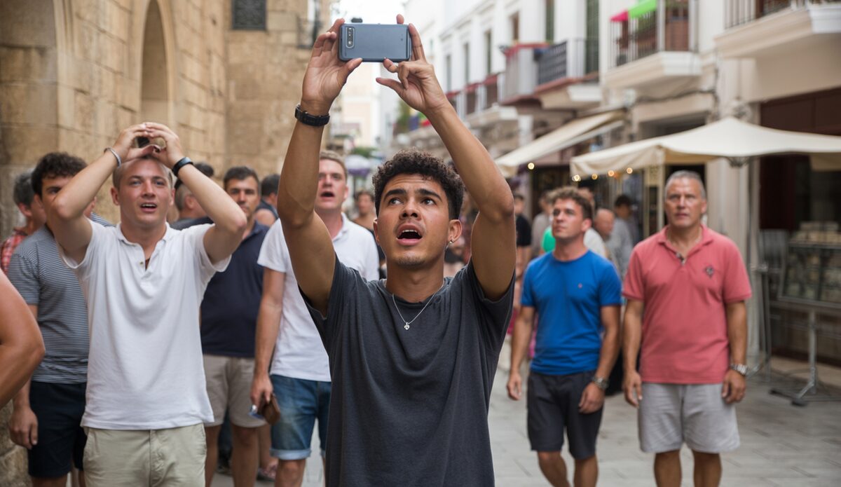 Ein junger Mann filmt Taschendiebe in Alcúdia, Mallorca.