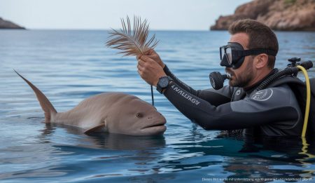 Taucher befreit Peitschrochen vor der Küste Mallorcas Ein Taucher befreit einen Peitschrochen von einer Seefeder vor der Küste Mallorcas