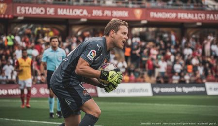 Schwere Zeiten für RCD Mallorca: Abstieg in Sicht? Torwart Bergström des RCD Mallorca in Aktion im Estadio de Son Moix.