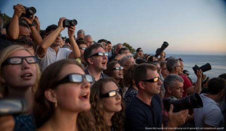 Sonnenfinsternis 2026: Mallorca vor logistischen Herausforderungen Menschenmenge auf Mallorca beobachtet Sonnenfinsternis mit Schutzbrillen.