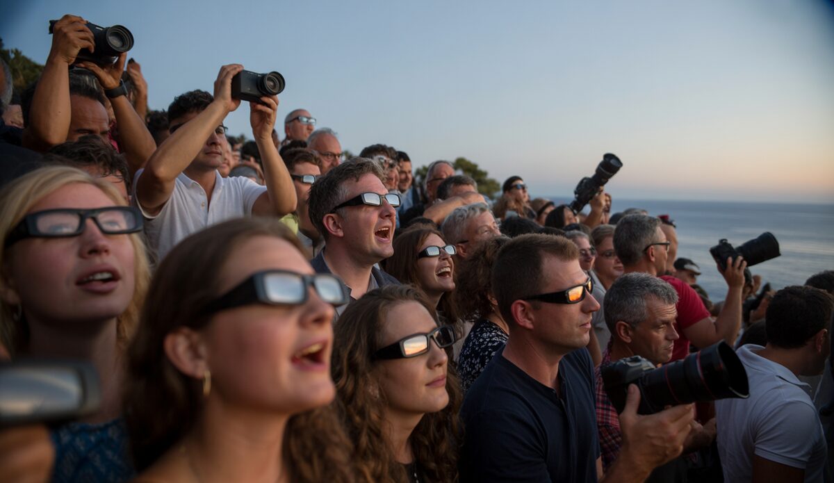 Menschenmenge auf Mallorca beobachtet Sonnenfinsternis mit Schutzbrillen.