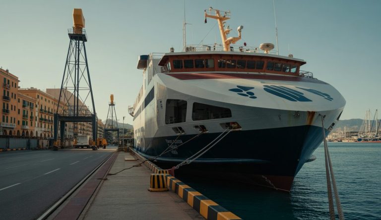Eine Fähre im Hafen von Palma de Mallorca in den frühen Morgenstunden.