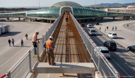 Flughafen Mallorca: Neuer Umbau für reibungslosen Betrieb Bauarbeiten am Flughafen Mallorca zur Errichtung einer neuen Fußgängerbrücke