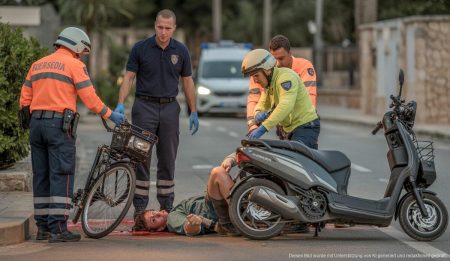 Unfallstelle mit Krankenwagen, Fahrrad und E-Scooter auf Mallorca