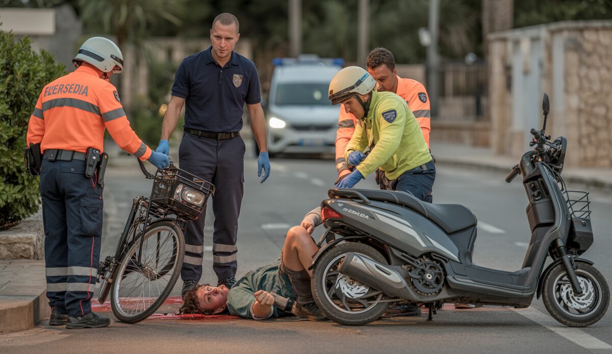 Unfallstelle mit Krankenwagen, Fahrrad und E-Scooter auf Mallorca