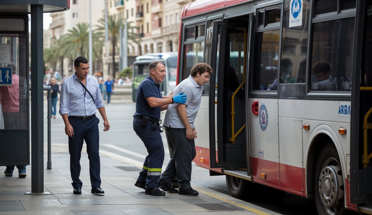 Ein EMT-Bus und Rettungsdienste an der Plaza de España in Palma
