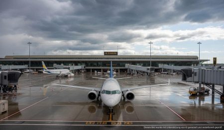 Schwere Stürme auf Mallorca verursachen Flugausfälle und Überschwemmungen Flughafen Son Sant Joan unter Unwetterbedingungen in Palma de Mallorca.