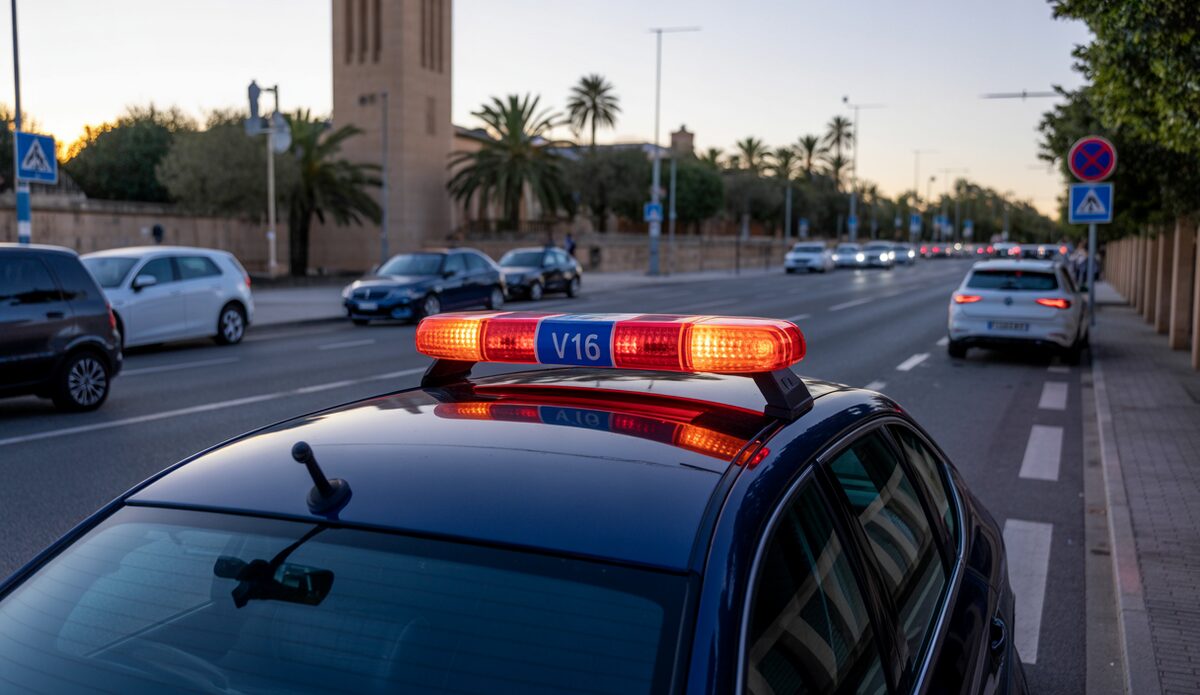 Ein Auto auf Mallorca mit einer V16-Warnleuchte auf dem Dach, aufgenommen bei Sonnenuntergang.