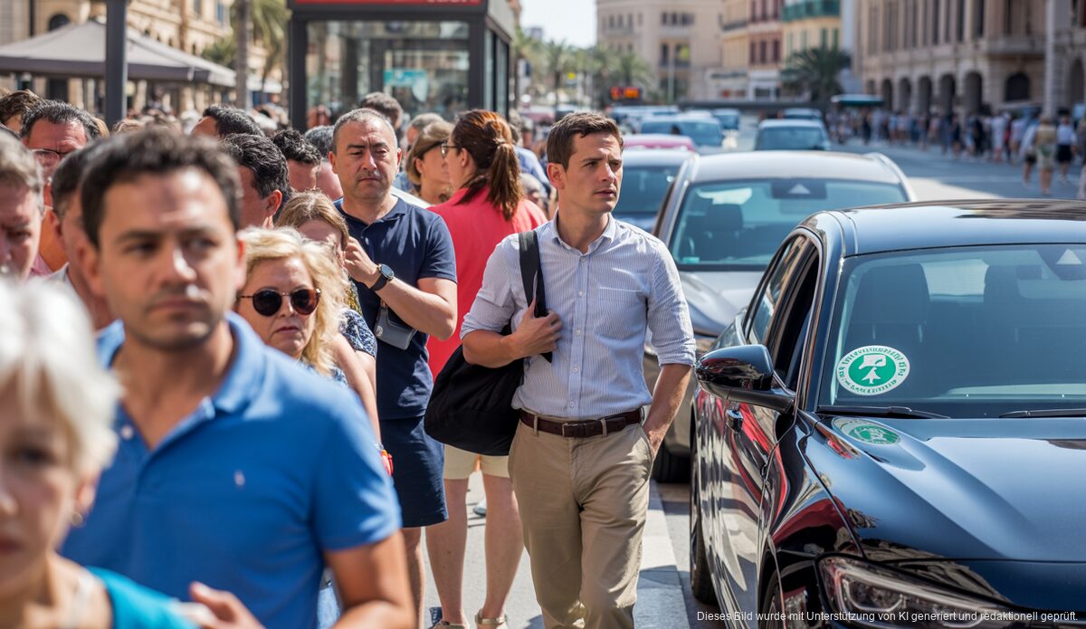 Busstop in Palma de Mallorca mit Menschen in Diskussionen