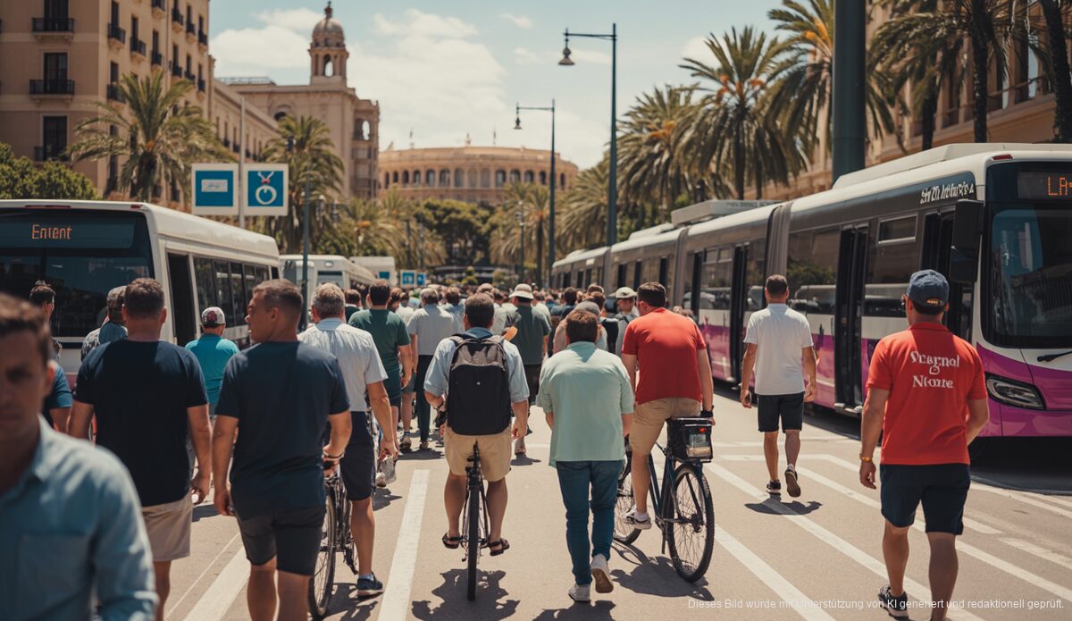 Personen auf dem Weg zum Estadi Mallorca Son Moix mit Fahrrädern und Bussen