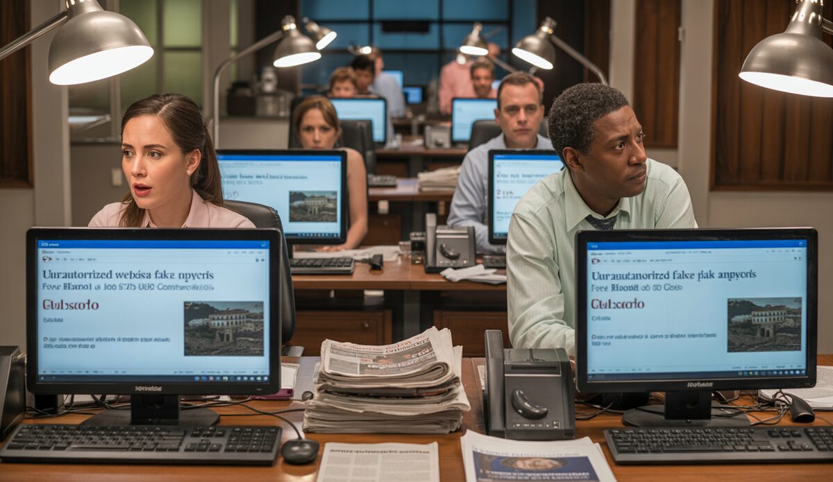 Nachrichtenschreibtisch mit gefälschten Meldungen auf einem Computerbildschirm.
