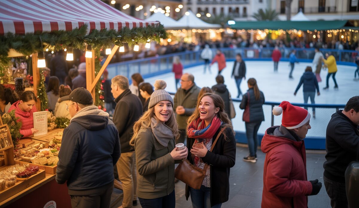 Weihnachtsmarkt auf Mallorca mit festlich beleuchteten Ständen und Besuchern