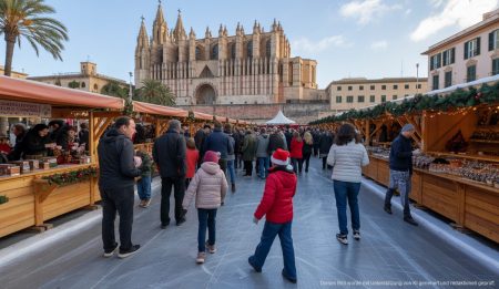 Nordeuropäischer Weihnachtsmarkt auf Mallorca verzögert Start Weihnachtsmarkt auf Mallorca mit Holzhütten und Eisbahn