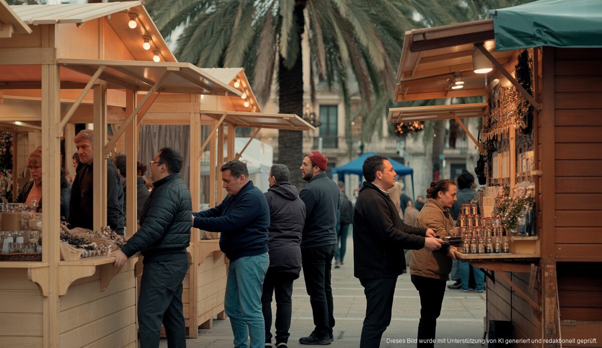 Arbeiter bauen Marktbuden im Sa-Feixina-Park in Palma auf