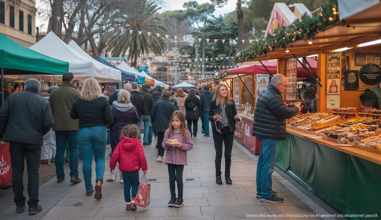 Weihnachtsmarkt in Palma mit internationalen Ständen und Einschränkungen.