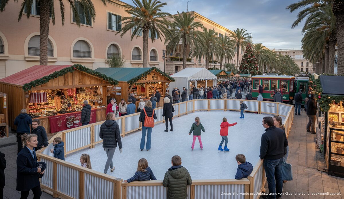 Weihnachtsmarkt in Sa Feixina Palma mit Eisbahn und Ständen.