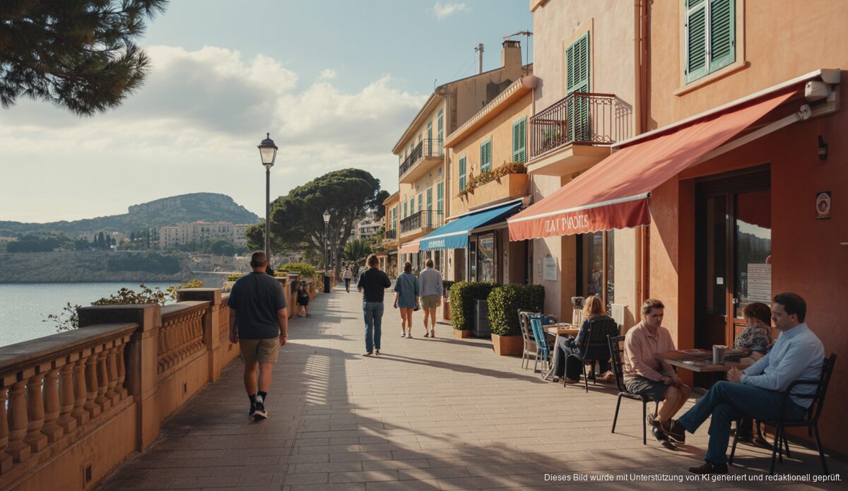 Sonniger Tag in Santa Ponsa, Mallorca mit klaren blauen Himmel und milde Temperaturen.
