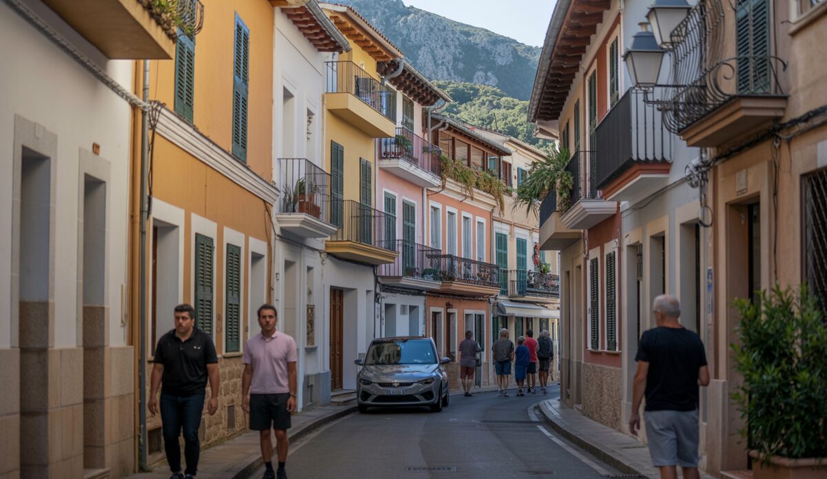 Häuser in Sóller und Touristen, die durch die Straßen gehen.