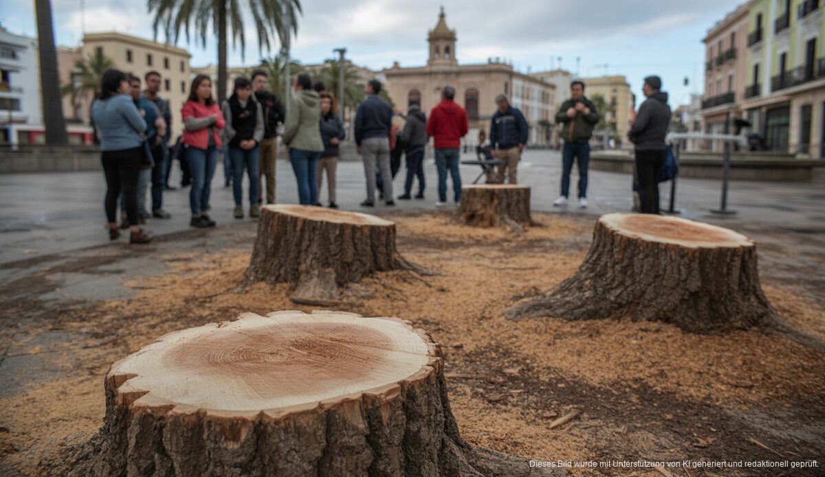 Gefällte bellasombra-Stümpfe auf der Plaza Llorenç de Villalonga in Palma mit Anwohnern im Gespräch