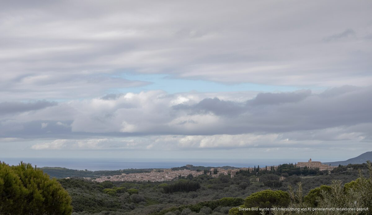 Wolkenverhangene Landschaft auf Mallorca mit traditioneller Architektur