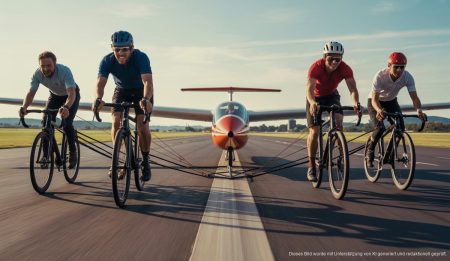 Das Bora-Team auf Mallorca hebt mit Pedalkraft ein Segelflugzeug ab.