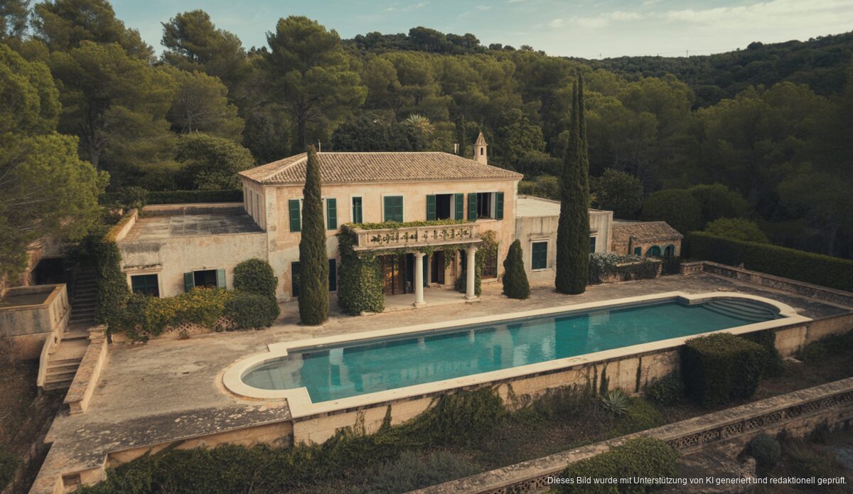 Boris Beckers Finca auf Mallorca: Ein Symbol mit Geschichte Ehemalige Finca von Boris Becker auf Mallorca mit Pool und vernachlässigtem Garten