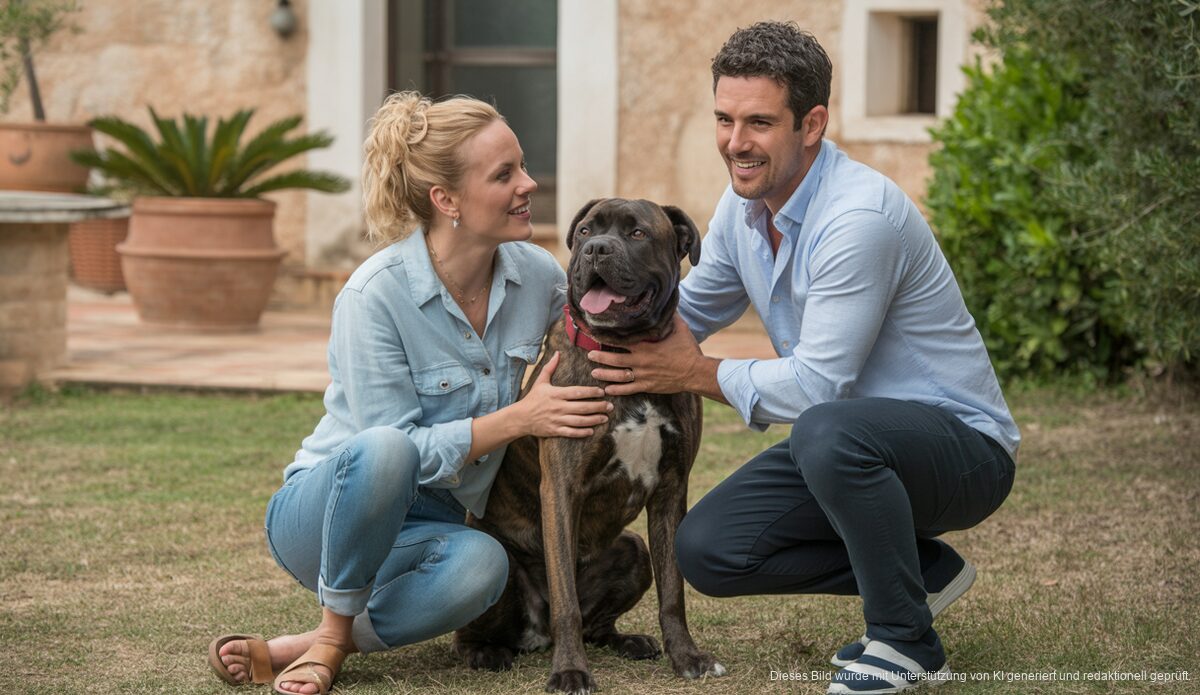 Caro und Andreas Robens mit Cane Corso Hund im Garten auf Mallorca