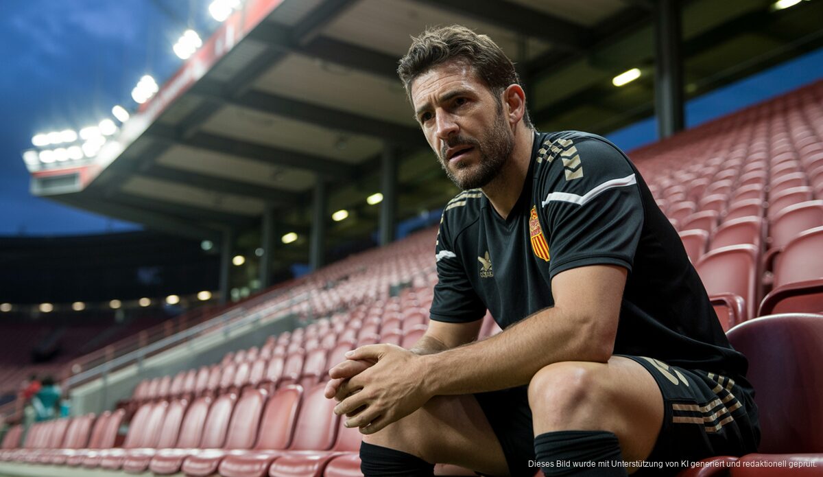 Dani Rodríguez von Real Mallorca contemplativ auf der Stadionbank
