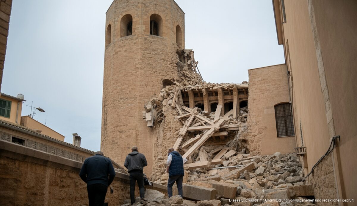 Dramatischer Einsturz der mittelalterlichen Turms beim Baluard de Sant Pere in Palma Einsturz eines mittelalterlichen Turms beim Baluard de Sant Pere in Palma.