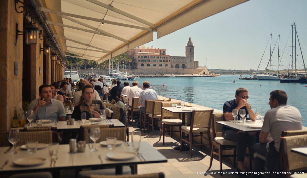 Ansicht der Terrasse des El Pesquero in Palma, die auf den Hafen blickt