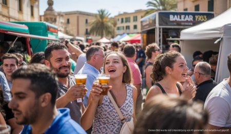 Besucher genießen das Gastrofest in Binissalem mit Balear 1983-Bier.