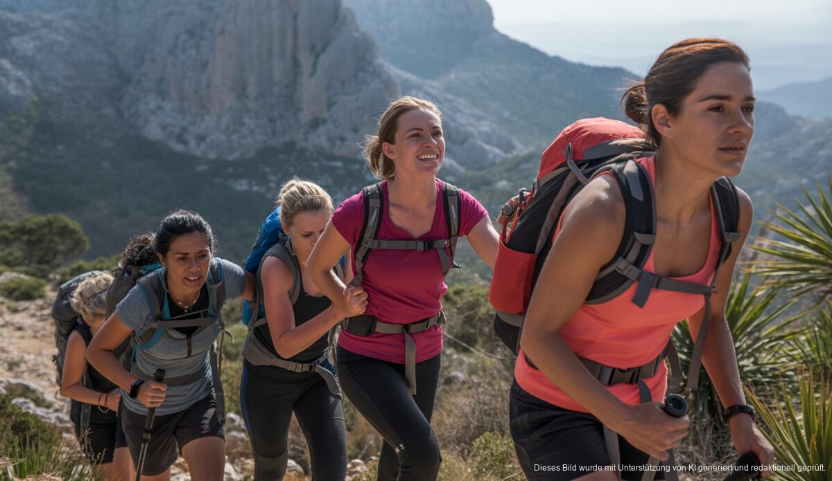 Frauen mit Brustkrebs wandern durch die Serra de Tramuntana in Mallorca.