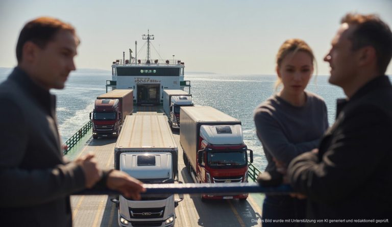 Gerichtsurteil auf Mallorca: Bezahlung der Fährstunden für Lkw-Fahrer beschlossen Fähre transportiert Lkws auf dem Meer bei klarem Himmel