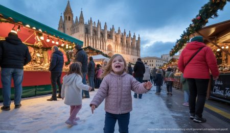 Hagel auf Mallorca überrascht Einwohner Überraschter Besucher auf einem mallorquinischen Weihnachtsmarkt bei ungewöhnlichem Hagel