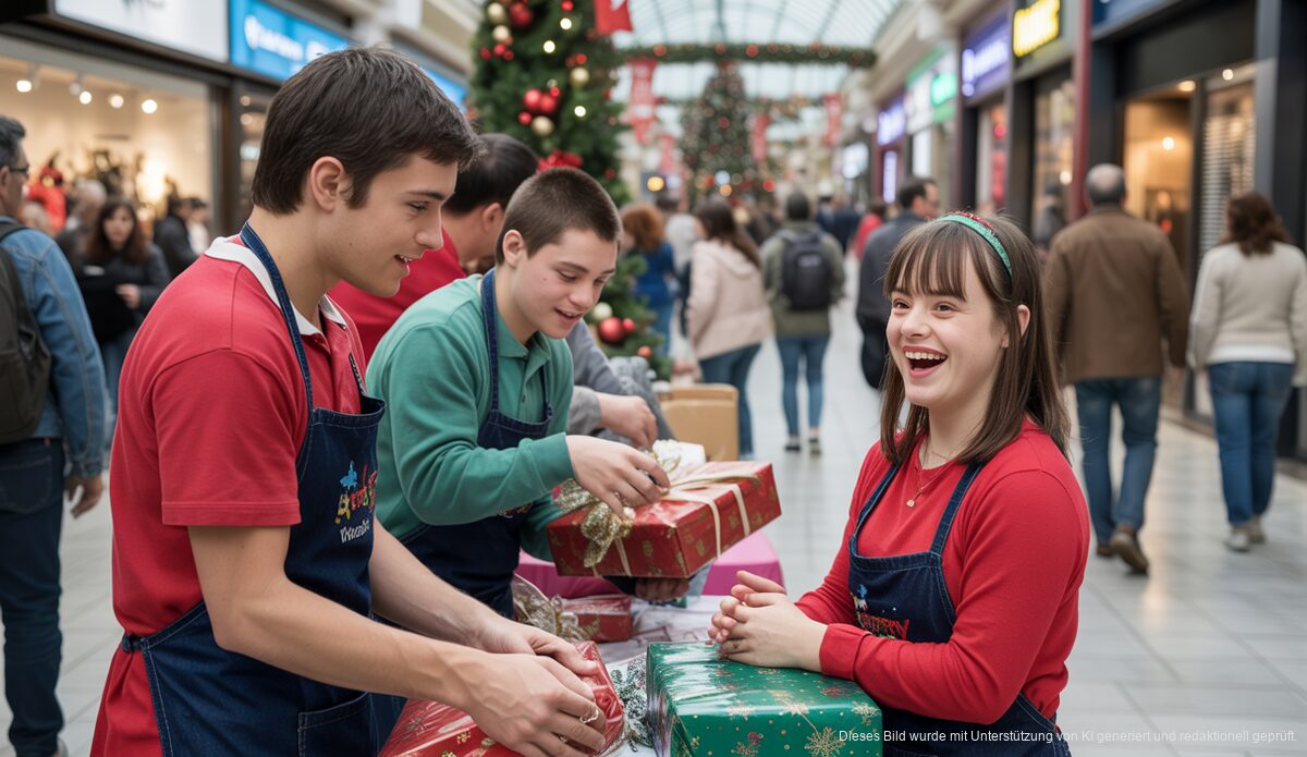 Personen mit Down-Syndrom verpacken Geschenke im Mallorca Fashion Outlet