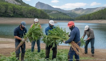 Entfernung der invasiven Pflanze Nicotiana glauca am Gorg Blau auf Mallorca.