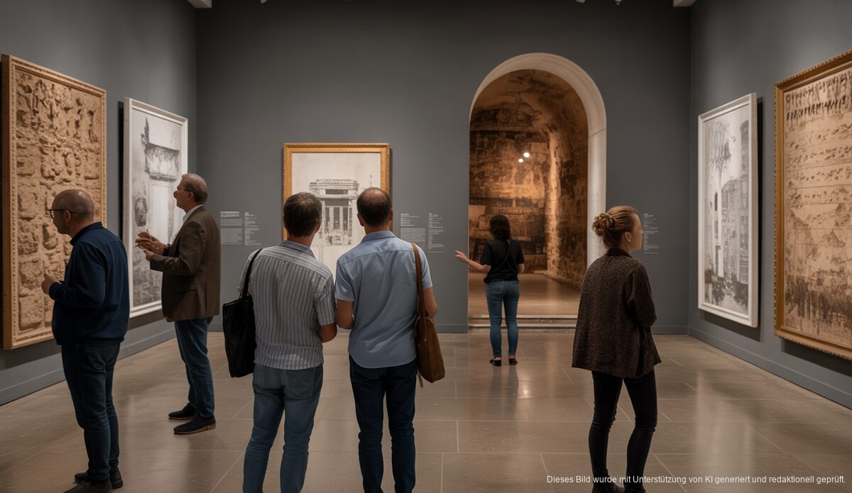 Besucher betrachten Kunstwerke von Jannis Kounellis im Es Baluard