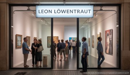 Besucher bewundern Kunstwerke bei einer Leon Löwentraut Ausstellung in Palma de Mallorca.