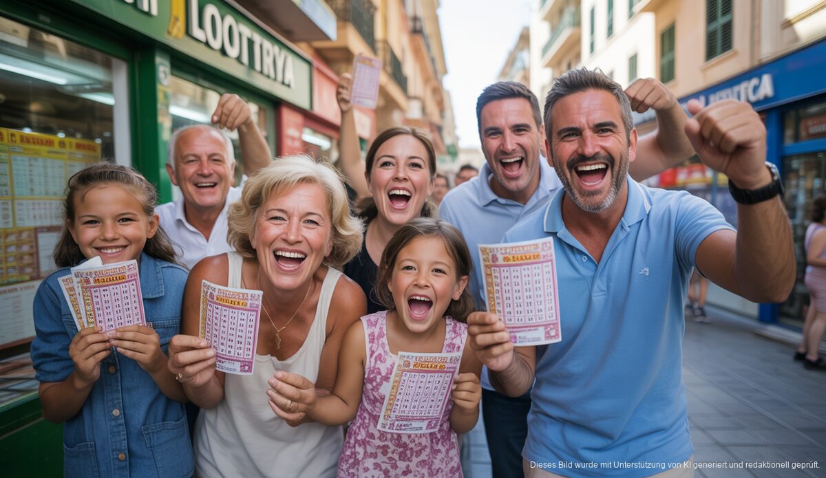 Menschen feiern Loteriegewinne vor einem Lottogeschäft in Palma.
