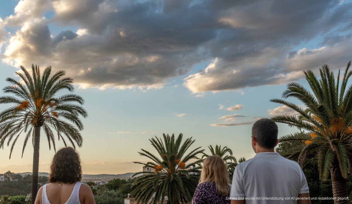 Dramatischer Himmel über Mallorca mit drohenden Regenwolken und Palmen.