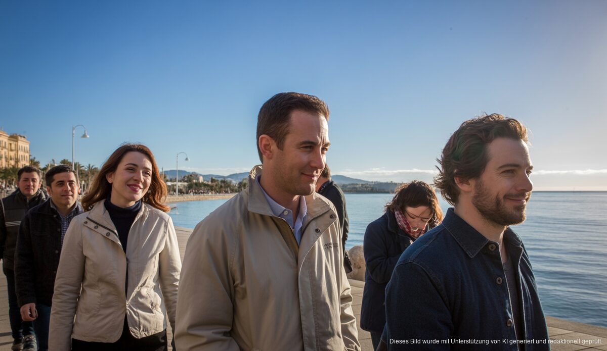 Klarer Himmel in Palma de Mallorca mit Menschen, die auf der Promenade spazieren gehen