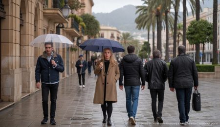 Angenehme Winterwetterprognose für Mallorca am 30. Dezember Winterliche Szene in Palma mit mildem Wetter und Menschen mit Regenschirmen