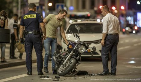 Motorradunfall in Palma: Fahrer prallte gegen Laterne Motorradunfall in Palma de Mallorca mit beschädigtem Fahrzeug und Polizei bei Nacht