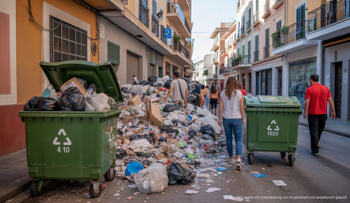Überquellende Müllcontainer und Müllberge in Llucmajor, Mallorca