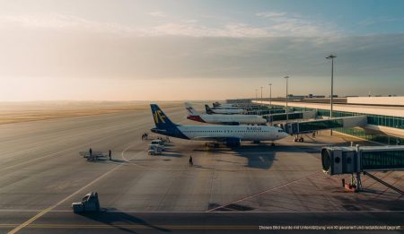 Probleme bei Flugverkehr und Genehmigungen in Palma entfesselt Flughafen Palma de Mallorca bei Nebel, mit Fluggästen und Personal
