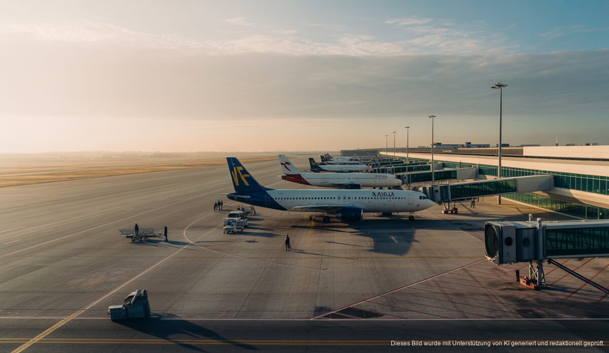 Flughafen Palma de Mallorca bei Nebel, mit Fluggästen und Personal