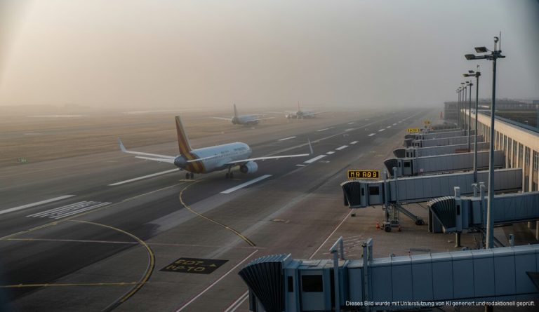 Nebelwarnungen auf Mallorca: Flugverspätungen und Wetterprognosen Flughafen Palma de Mallorca mit Nebel, Flugzeuge und Reisende