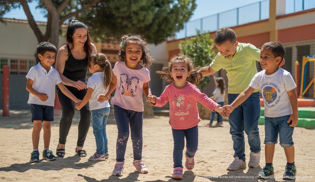 Kinder und Familien bei Aktivitäten auf einem Schulhof in Palma de Mallorca