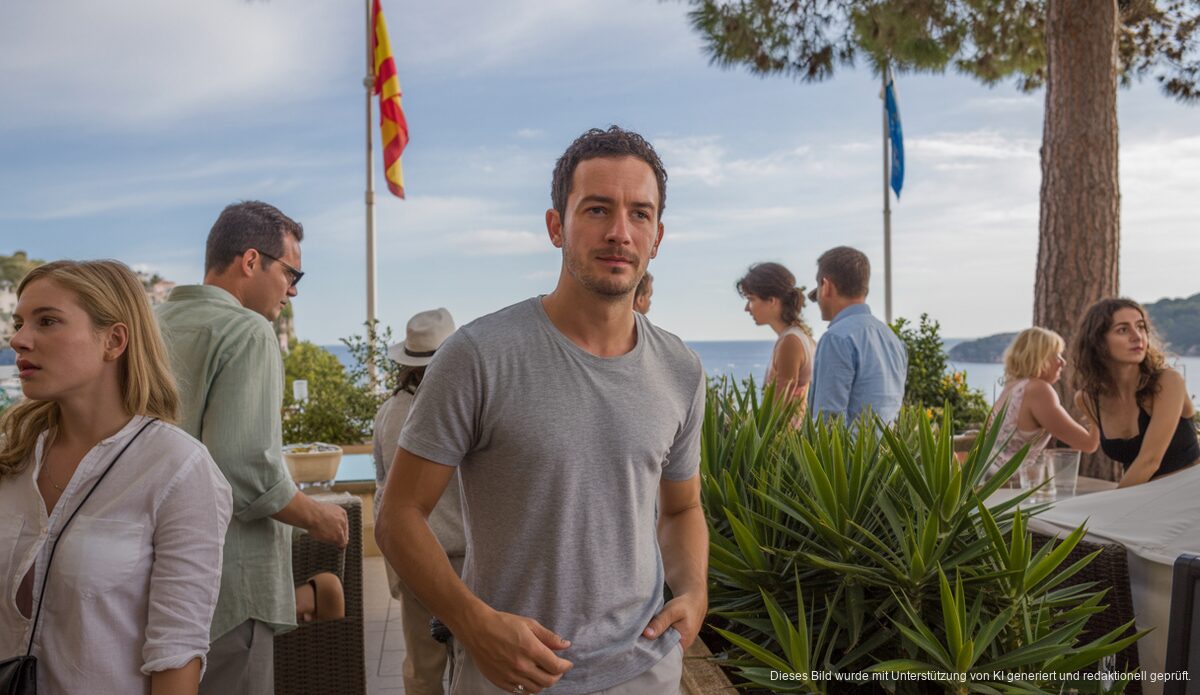 Teilweise bewölkter Himmel über Port d'Andratx mit milder Temperatur, Menschen in Cafés